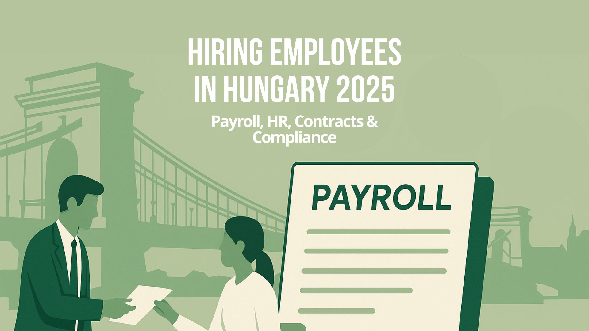 Illustration Of HR Onboarding And Payroll Icons With The Chain Bridge In The Background, Representing Hiring Employees In Hungary And Topics Like Payroll, Contracts, And Compliance.