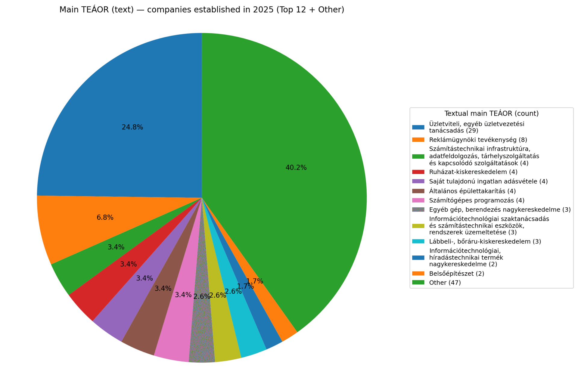 Main TEÁOR activities of Italian companies established in 2025 (Top 12 categories + ‘Other’). Management consulting becomes much more prominent than in 2024, with advertising and several IT/real-estate/service activities also gaining visibility, while ‘Other’ remains a large share due to sector diversity.